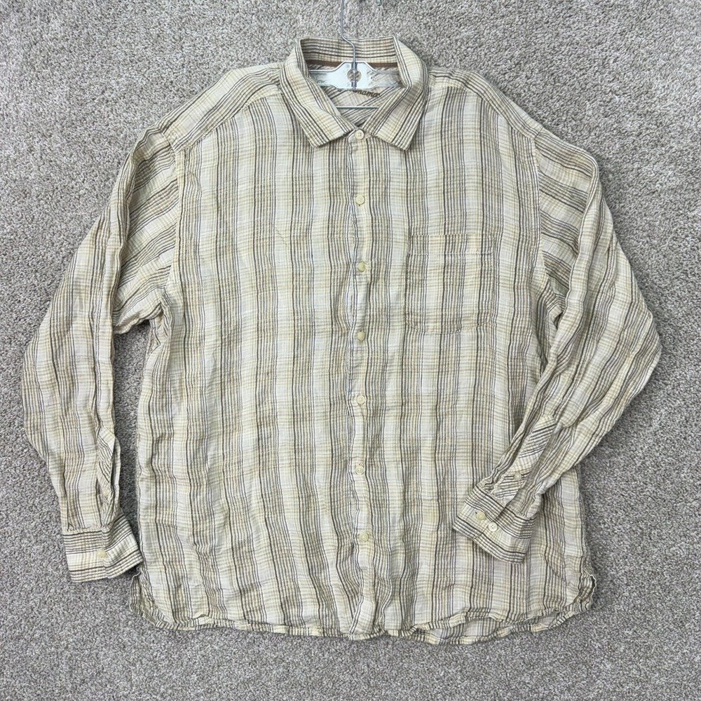 Tommy Bahama Button Front Shirt Mens XL Beige Striped 100% Linen Long Sleeve